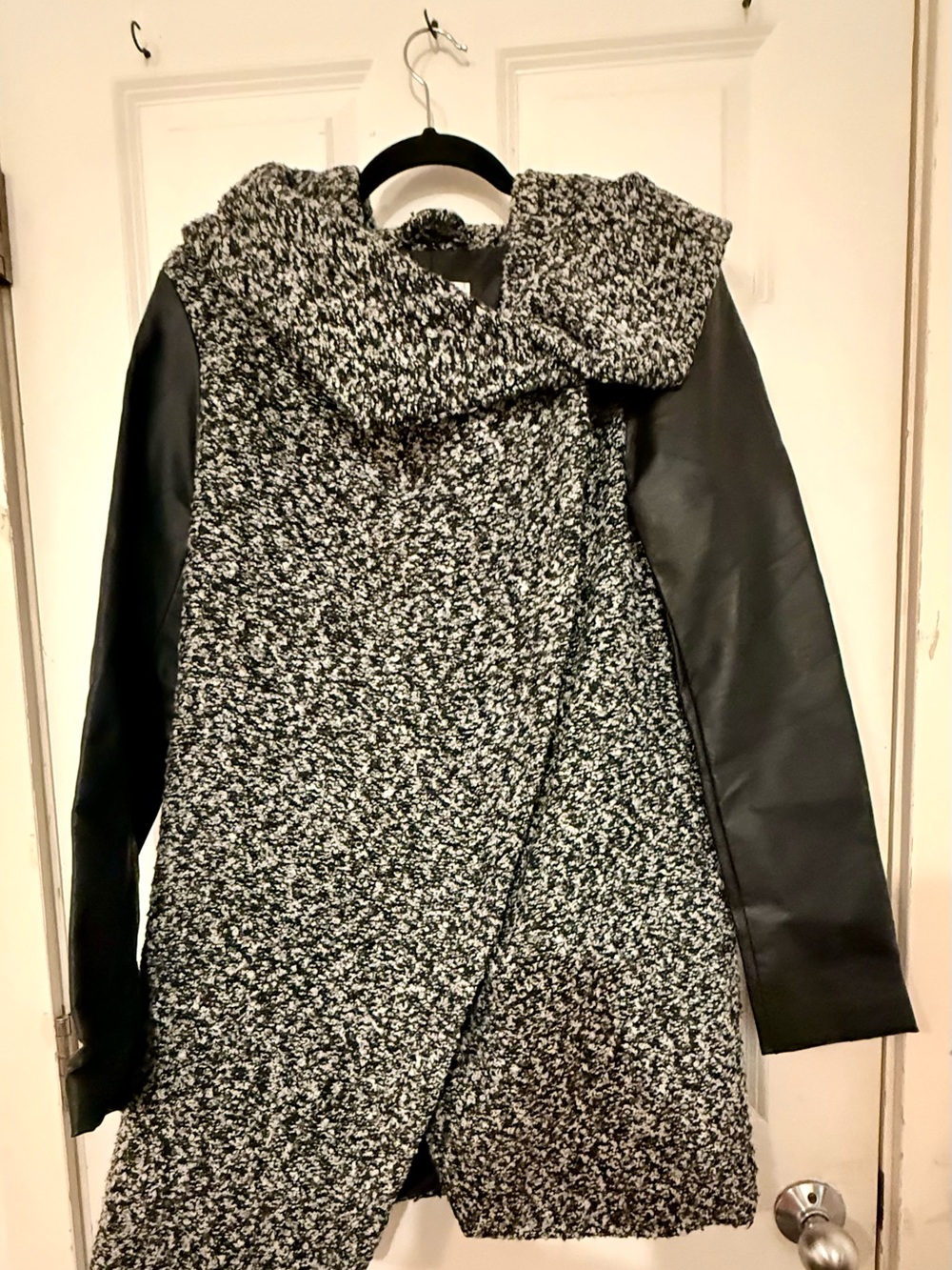 Women's Black & White Bouclé Trench Coat with Faux Leather Sleeves